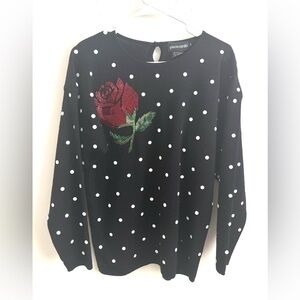 Whimsigoth Womens Sweater M Lambswool Blend Black Polka Dot 3D Rose Embroidery